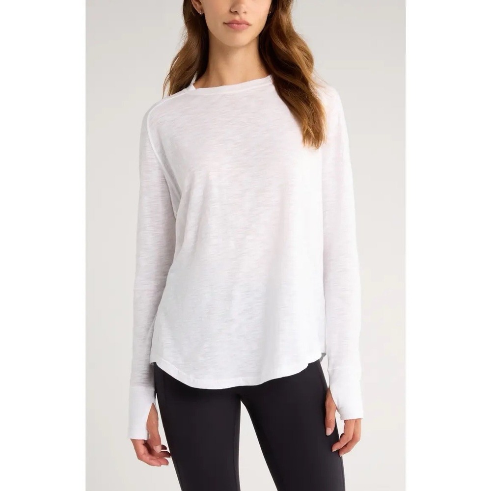 Zella Relaxed Washed 2.0 Long Sleeve Slub Tee Women's S White Cotton Tunic